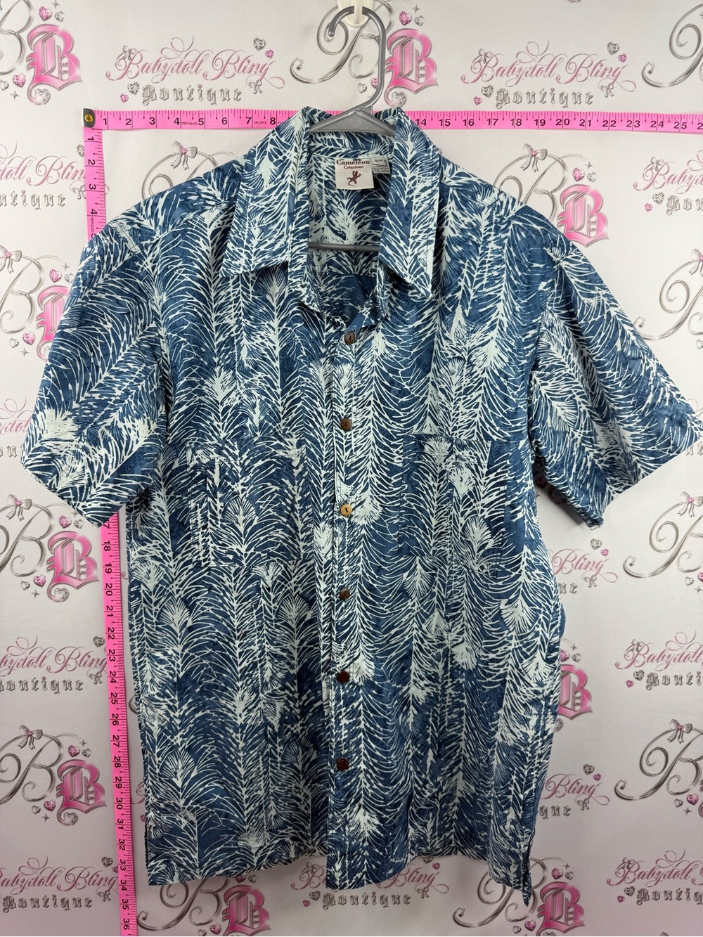 CAMELEON shirt Men's Blue Tropical Print Short-Sleeve Button-Down Shirt tiki